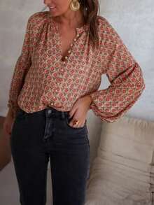 优雅菱形印花梭织面料度假风法式休闲衬衫，适合休闲约会和日常穿着，春季必备。 - 紅色 - 查看 5