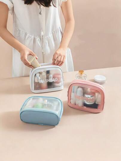 1个简约纯色多功能拉链化妆包，大容量旅行必备，口袋设计，适合通勤、上学、办公、送礼。