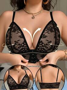 Plus Size Women Floral Front Closure Wireless Bra, Breathable Non-Slip Supportive Seamless Everyday Bra - Black - View 1