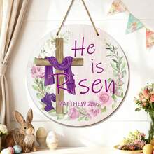 1 pieza Decoración de puerta "Él ha resucitado" Letrero de puerta delantera religiosa de Pascua con cruz Colgante de puerta de Pascua para decoración de hogar, pared, corona, granja, interior y exterior, decoraciones de primavera - Multicolor - Ver 1