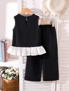2pcs/Set Young Girl Pearl Bow Sleeveless Ruffle Hem Tank Top And Elastic Waist Casual Pants Set, Summer - Black - View 2