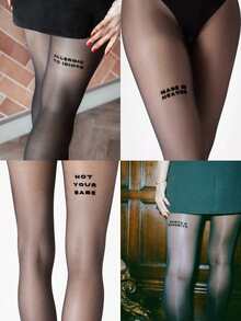 1pc Women's Black Gothic English Letter Sheer Tights, Skinny Pants, Suitable For Women Weighing 40-60kg - Black - View 1