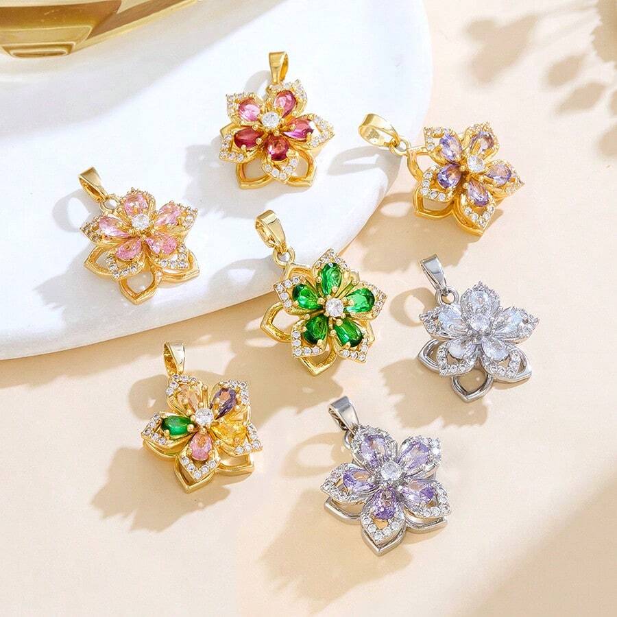 1pc Fashion Jewelry DIY Rotating 5-Petal Flower 2026 Latest Niche Design Elegant Versatile Copper Micro-Inlaid Necklace Accessory, Gift - Five-petaled Flower - View 1
