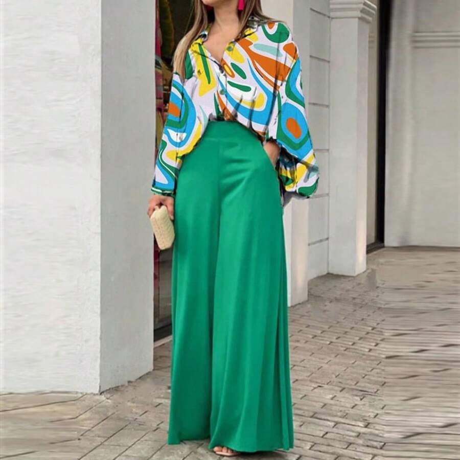 2026 Spring European And American Women's Clothing Loose Casual Elegant Suit Printed Shirt Top Wide Leg Pants Suit Women - 黃綠色 - 查看 1