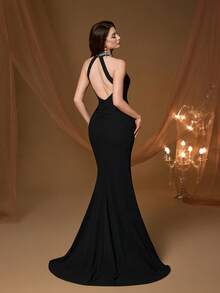 梦幻般的新款露背优雅舞会礼服，珍珠串珠点缀，镂空设计，修身剪裁，鱼尾裙摆，适合舞会、婚礼、派对、婚礼宾客、春季晚礼服等场合。 - 黑色 - 查看 2