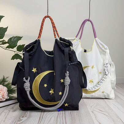 Star & Moon Embroidery Large Capacity Nylon Foldable Shoulder Tote Bag, Handbag
