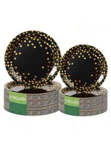 10/20/50pcs 9inch/7inch Black Dotted Paper Plates - Premium Disposable Tableware Suitable For Parties, Weddings And Fine Dining (Unbleached Pulp) - Gold Dot Black - View 2