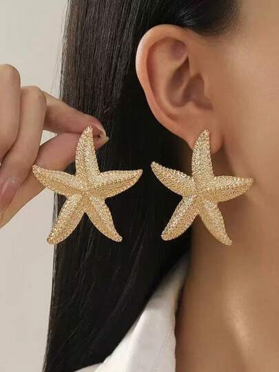 1 Pair Fashion Casual Beach Ocean Style 3D Embossed Starfish Design Earrings For Women, Versatile Accessory Suitable For Beach Vacation, Beach Party, And Everyday Casual Wear