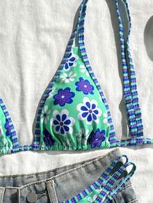 2026 3-Piece Swimsuit Set, Geometric & Tropical Floral Print, Casual Cute Elegant Sexy Bohemian Tie-Front Bikini, Beach Vacation Dress, Summer Women's Outfit - Blue - View 4