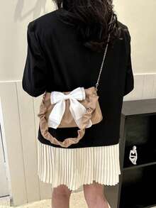 Bolso de hombro con cadena plisada y decoración de lazo - Caqui - Ver 7