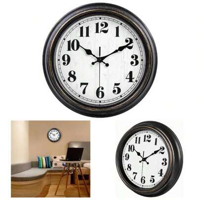 13 - Inch Vintage Outdoor Wall Clock With Thermometer And Hygrometer, Waterproof, Large Numbers, Silent, Indoor And Outside Use, Porch, Garden, PoolBlack Frame With Silver Trim