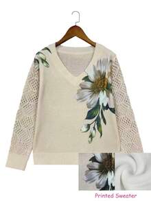 Suéter de manga larga de uso diario versátil y casual con cuello en V, estampado floral y calado para mujer talla grande, ideal para vacaciones de primavera - Caqui - Ver 3