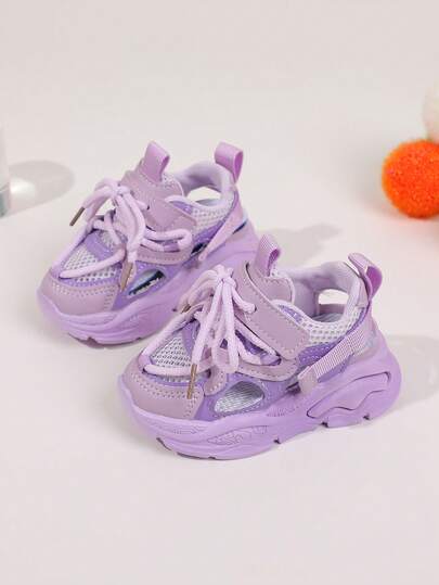 1 Pair Purple Children's Sports Shoes, Fashionable Girls' Mesh Shoes, Boys' Casual Soft-Sole Sneakers, Hollow Breathable Baby Sandals, Summer