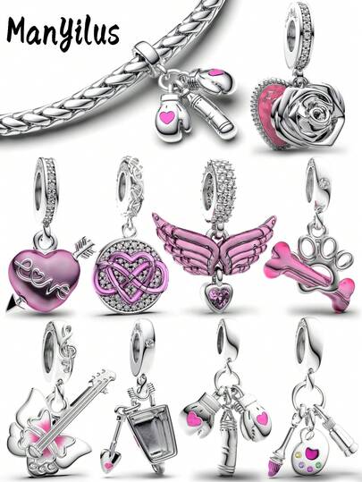  Charms de plata de ley 925 de la serie rosa de Manyilus para mujeres | Charms de corazón/alas de ángel/flor/rosa/pata de mascota/paleta de artista/amor infinito | Cuentas colgantes esmaltadas en rosa para pulseras originales, regalos de joyería DIY