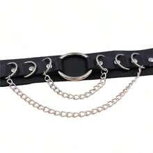 PU Leather Punk Style Double-Layer O-Ring Chain Choker Necklace, Personalized Metal Round Ring Clavicle Necklace - Black - View 5