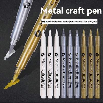 Metallic Marker Pen White/Gold/Silver Waterproof Permanent Paint Marker Pen, Brush Tips, For Rock,Mug,Ceramic,Glass DIY Painting Supplies