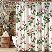 Pink Rose Vine Print Waterproof Mildew-Proof No-Drill Shower Curtain, Cozy & Romantic For Women's Bedroom And Bathroom - Pink and White - View 12