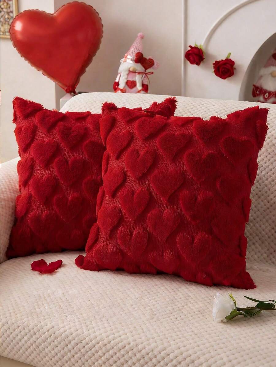 1/2 Pcs Valentine's Day Pillowcases, 18x18 Inches, Valentine's Day Decoration, Red Heart, Soft Plush Faux Fur Jacquard Pillow, Suitable For Bedroom Sofas, Holiday Home Decor. - 紅心 - 查看 1