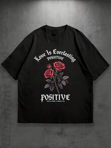 Love Is Everlasting Red Roses T-Shirt - Short Sleeved Casual Tee With Inspirational Gothic Design, Featuring Elegant Floral Artwork And Bold Positive Text - Ideal For Casual Attire, Unique Gift For Friends And Loved Ones, Perfect For Any Occasion O - 黑色 - 查看 1