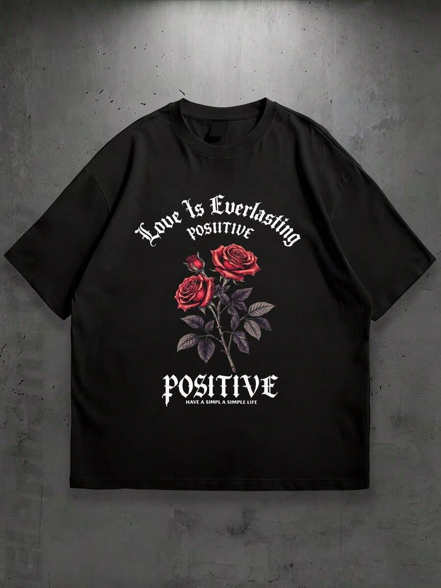 Love Is Everlasting Red Roses T-Shirt - Short Sleeved Casual Tee With Inspirational Gothic Design, Featuring Elegant Floral Artwork And Bold Positive Text - Ideal For Casual Attire, Unique Gift For Friends And Loved Ones, Perfect For Any Occasion O - 黑色 - 查看 1