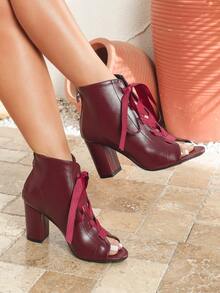 Bottines à talons épais bordeaux pour femmes, nouvelles sandales polyvalentes de mode printemps/été avec fermeture éclair arrière, lacets, design ajouré. Sandales romaines à bout rond à talons hauts avec brides. Bottes de cheville confortables grande taille pour vacances, fêtes et extérieur, respirantes - Rouge foncé - Voir 2