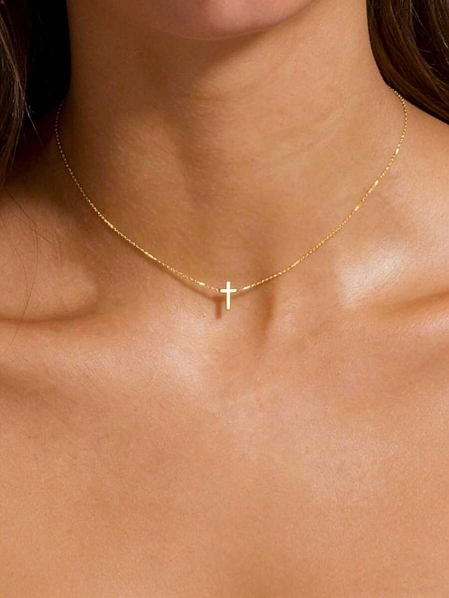 1 pieza Collar con colgante de cruz minimalista dorado, collar delicado de cadena clavicular para mujer, joyería delicada - 2179-0 - Ver 1
