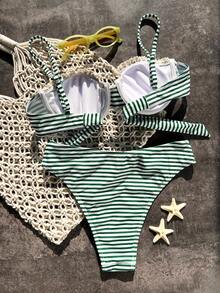 Women's Classy Green-White Horizontal Stripe Swimsuit Set, Perfect For Beach Trips, Seaside Fun And Fashionable Holiday Seaside Looks. - Multicolor - View 3