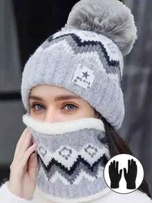 三件套针织帽围巾套装，保暖内衬毛线帽和围脖，冬季休闲羊毛防风配饰，适合作为节日礼物 - 彩色 - 查看 11