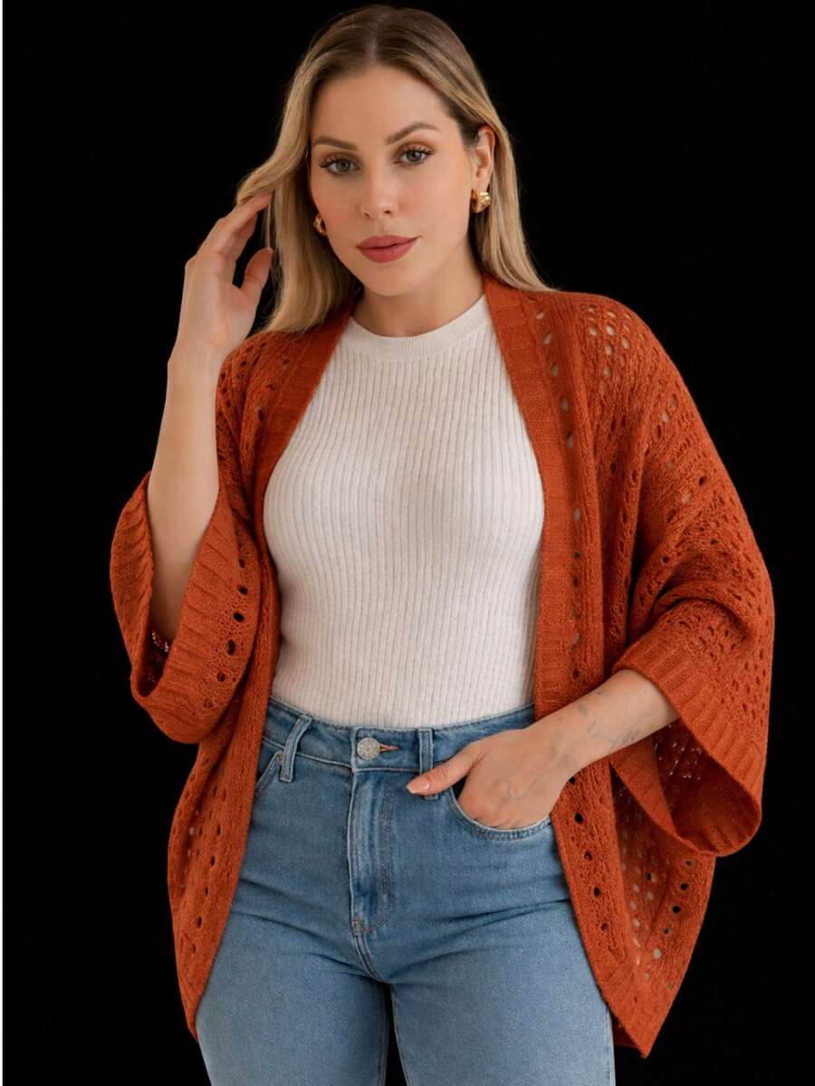 Lace Kimono Cape For Winter, Elegant Knit, One Size - Plus Size - Burnt Orange - View 1