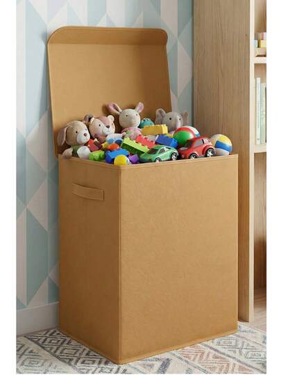 Beige Foldable Laundry Storage Box/Basket With Lid For Kids' Room And Toys, 40x50x30
