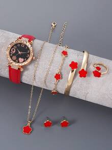 6pcs Elegant & Fashionable Black Starry Sky Numeric Quartz Watch And 6pcs Lucky Flower Necklace Bracelet Ring Earring Accessory Set, Mother's Day, Valentine's Day, Easter Gift - Red - View 4