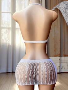 Sexy Lingerie Set, Women's Hollow Out Semi-Sheer Jacquard Bra And Mini Skirt Nightclub Underwear - White - View 5