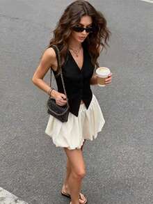 Solstice Apparel 泡泡褶高腰A字迷你裙，杏色梭织面料，通勤、日常、约会、春夏、情人节 - 杏色 - 查看 4