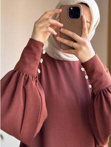 女士优雅阿拉伯风格纯色休闲端庄优雅宽松圆领灯笼袖宽松裤装春季套装 - 鏽棕色 - 查看 2