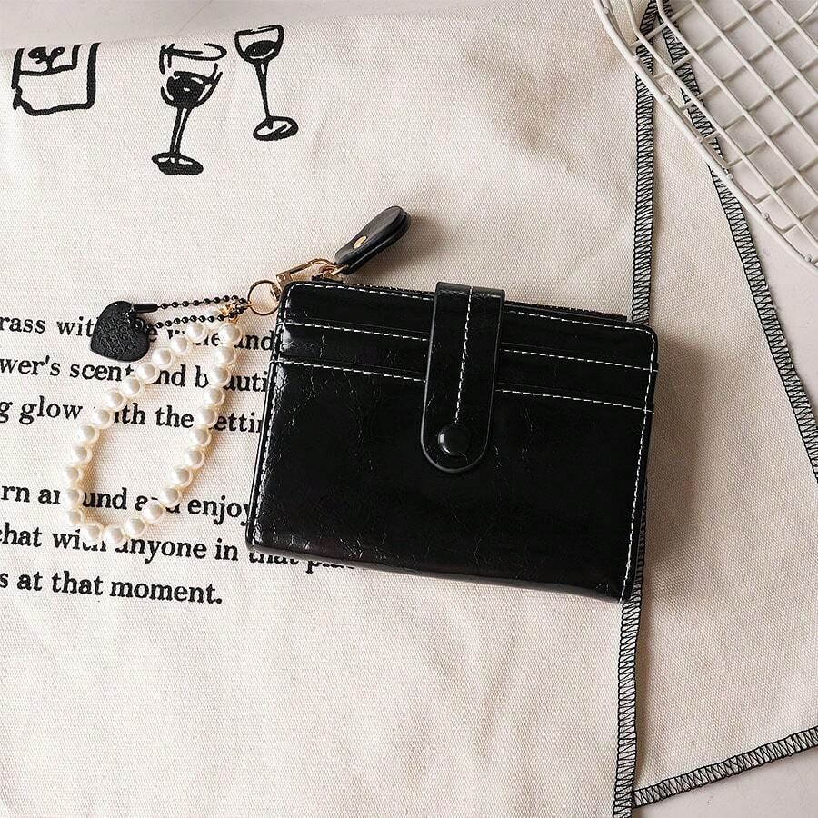 Heart-Shaped Pearl Crackle Leather Small Niche Retro Short Foldable Ins Style Women Wallet, PU Multifunctional Bifold Purse - Multicolor - View 1