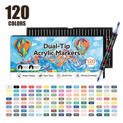 120 Colors Dual Tip Acrylic Paint Markers Set, Durable & Fade-Resistant, Suitable For Artists Painting, Illustration, Crafts, Coloring Books, DIY Projects On Paper, Fabric, Wood, Stone, Plastic, Glass, Pumpkin, For Students & Adults, Great Gift For Thanksgiving, Halloween, Christmas