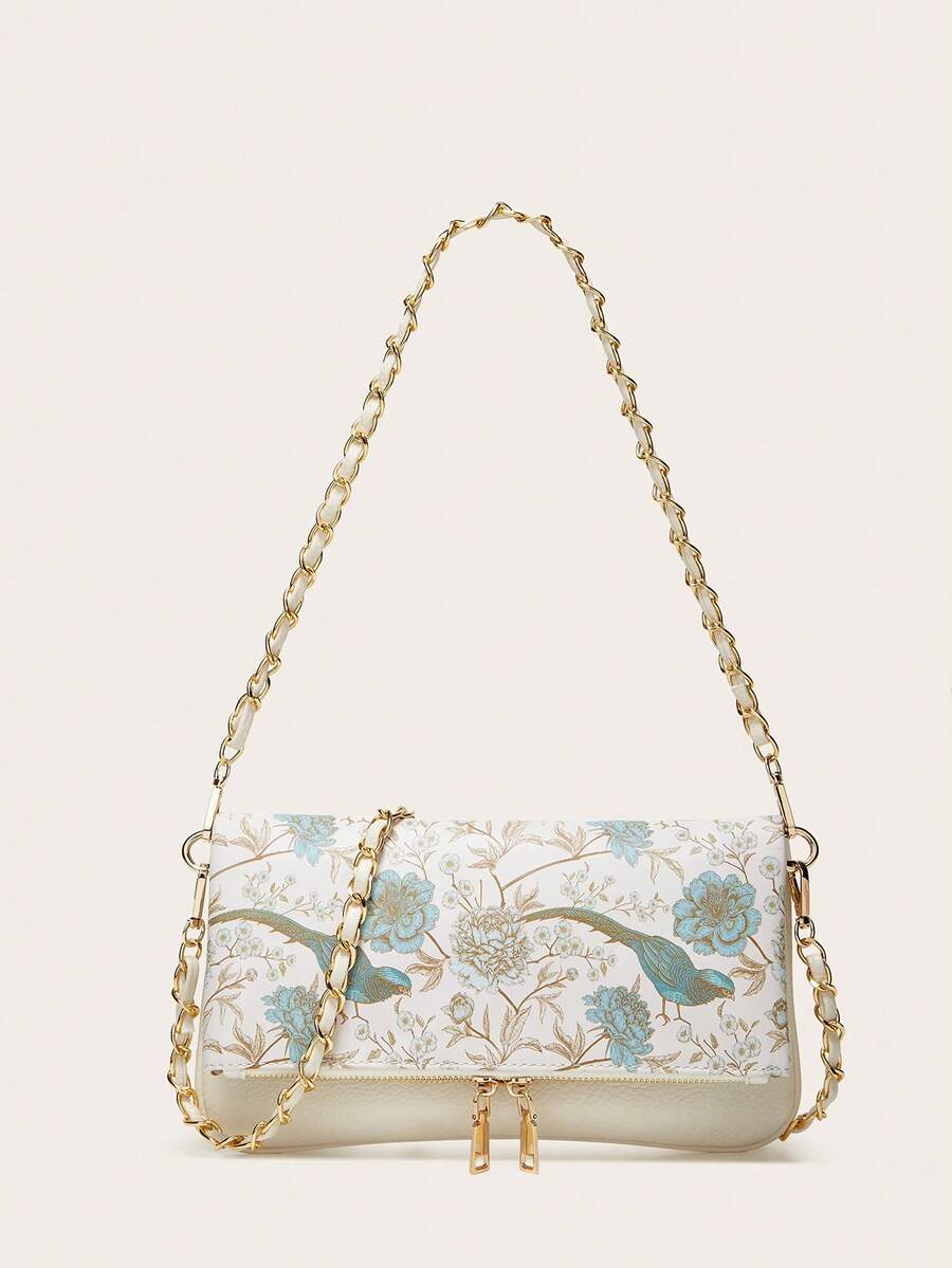 zijinling 女士链条单肩包、斜挎包、荔枝纹链条腋下包、简约时尚小方包、可拆卸肩带单肩斜挎包 - 藍白色 - 查看 1