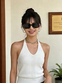 1pc Fashion Rhinestone Chain Leg Women's Small Square Frame Fashion Glasses, Runway And Street Style - Black - View 2