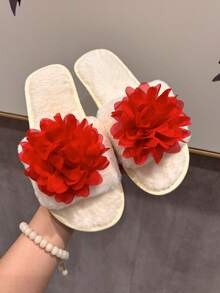 女士白色休闲毛绒拖鞋，室内3D大红花家居拖鞋，平底软底鞋礼品，女士棉质拖鞋，单趾露趾防滑软底毛绒女鞋 - 白色 - 查看 5