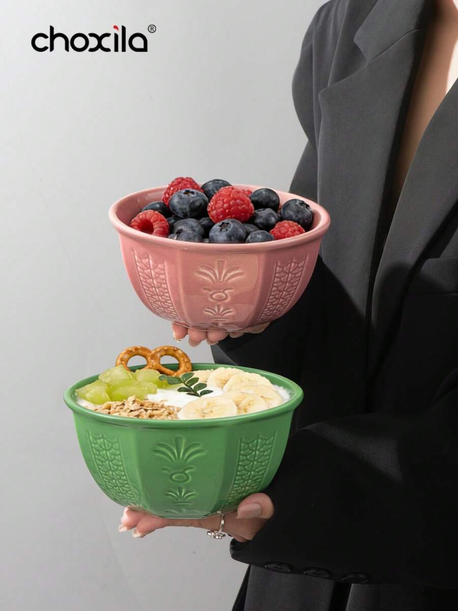 choxila A Coconut Flower Patterned Ceramic Bowl, Blue, Light Green, Pink, Perfect For Holding Desserts, Nuts, Snacks, Yogurt, Salads, Or Chocolates. Suitable For Kitchens, Restaurants, Or Schools. It Is An Ideal Choice For Ramadan, Afternoon Tea - Multicolor - View 1
