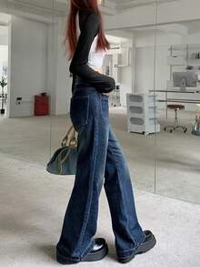 OJOK 新款 Y2K 风格水洗蓝色直筒阔腿女式牛仔裤（含腰带） - 藍色 - 查看 6