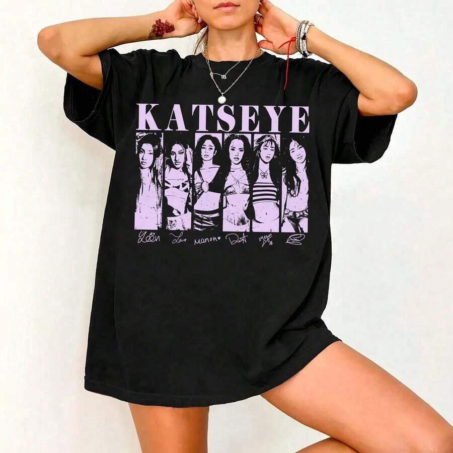 Valentine Outfits For Women2026Summer Casual Pure Cotton Men's T-Shirt Katseye Beautiful Chaos Tracklist Shirt, Katseye Kpop Shirt, Katseye Gnarly Shirt, Gabriela Shirt,Short Sleeved Single-Sided Printed T-Shirt,Pullover Style Shirtbad Bunny Shirt Valentines Day Outfit - 黑色 - 查看 1