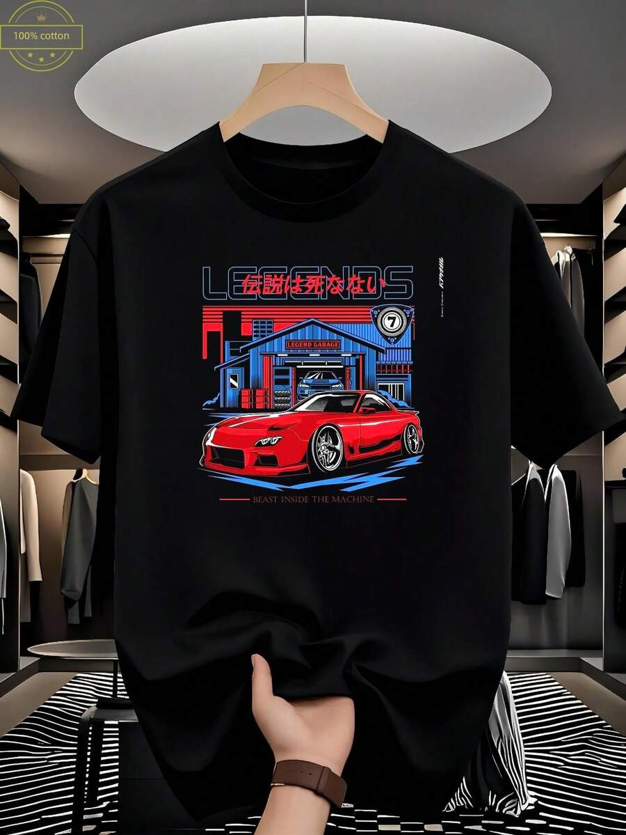 Legends Never Die TShirt For Car Enthusiasts Beast Inside The Machine - Outdoor Leisure, Pure Cotton Round Neck, Personalized T-Shirt - Soft & Breathable For Casual Wear - Casual Streetwear Style - Casual Wear - Black Round Neck D - 黑色7 - 查看 1