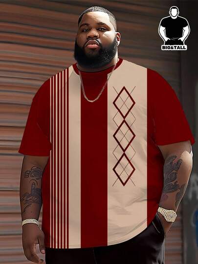 Big & Tall Asymmetric Color Block Red & White T-Shirt | Vertical Striped & Diamond Patterned Retro Collegiate Design, Layered American Streetwear Casual Short Sleeve Top Summer