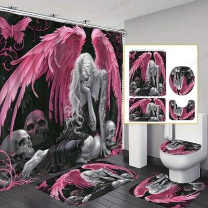 一套/4件粉色带翅膀天使图案浴帘，多色图案，现代个性化浴室装饰，防水布浴帘套装（含12个挂钩），防滑浴室地垫，U型马桶垫，马桶座套，浴室装饰