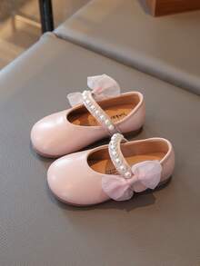 1 Pair New Baby Girls' Pearl Bow PU Hook And Loop Design Princess Style Flat Shoes, Pink, Suitable For Spring/Autumn - Pink - View 8