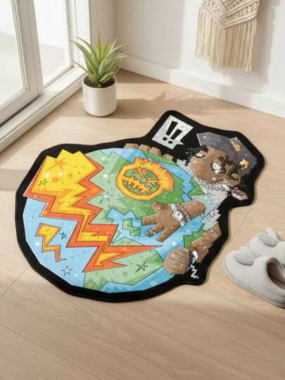 1pc Cartoon Lightning Earth Creative Art Design, Cartoon Humanoid Earth Pattern, Soft Comfortable Bedroom Carpet, Home Decor, Easy To Clean, Decorative Rug, Bedroom Decor, Small Rug, Carpet, Home Decor, Living Room Carpet, Living Room Small Rug, Bedroom Carpet, Living Room Home Decor, Outdoor Rug, Washable Carpet