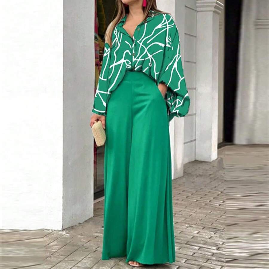 2026 Spring European And American Women's Clothing Loose Casual Elegant Suit Printed Shirt Top Wide Leg Pants Suit Women - 淺綠色 - 查看 1