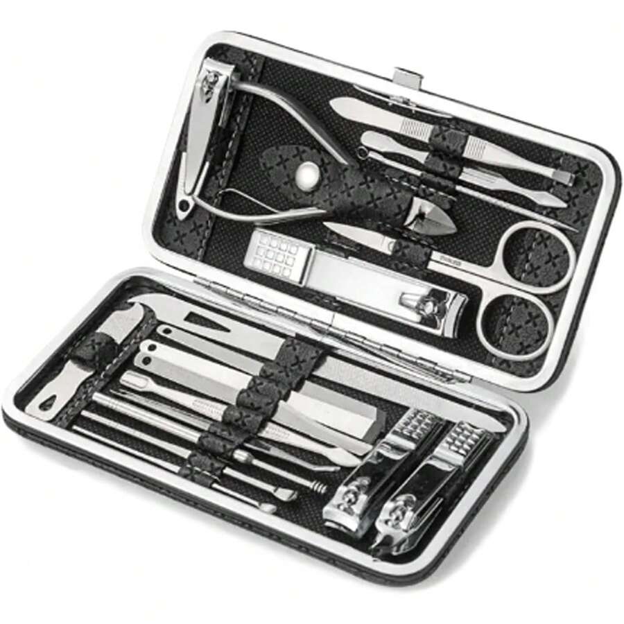Juego de manicura de 19 piezas, cortaúñas de acero inoxidable, juegos de cuidado profesional para el cuidado de la piel de manos, pies y uñas, con estuche de viaje - Negro - Ver 1