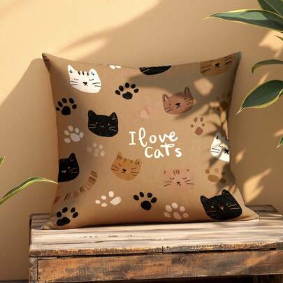 1pc Cat Theme Pillow Cover, Printed With "I Love Cats" And Paw Print Pattern - Soft Sofa Bed Pillow Cover, Zipper Closure, Cute Cat Face Design, Exclusive For Cat Lovers, Warm Home Decor Gift